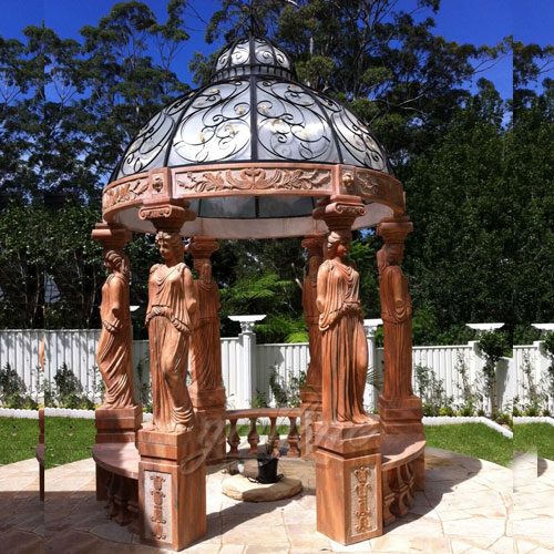 Sunset red marble gazebo with woman statue column for Australian clients 
