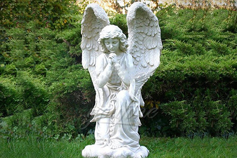 Life size hand carved kneeling angel marble statues with wings