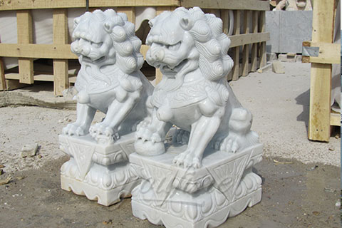Outdoor white marble fu dog statue